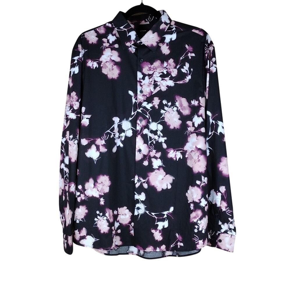 NWT Express Floral Black Pink Slim Preppy Formal Business Button Down Shirt
